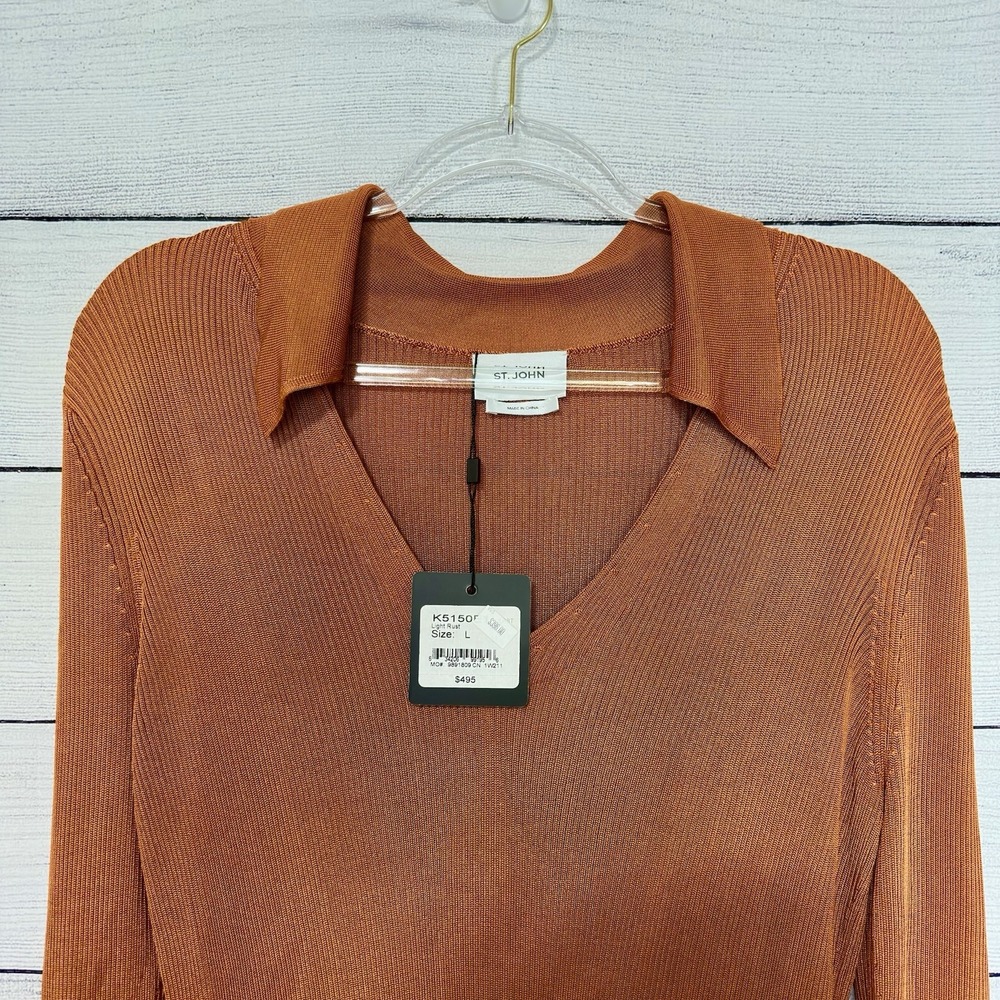 St. John NWT Ribbed Knit V-Neck Sweater Blouse Orange Sz Large Party Modern $495 - Picture 3 of 9